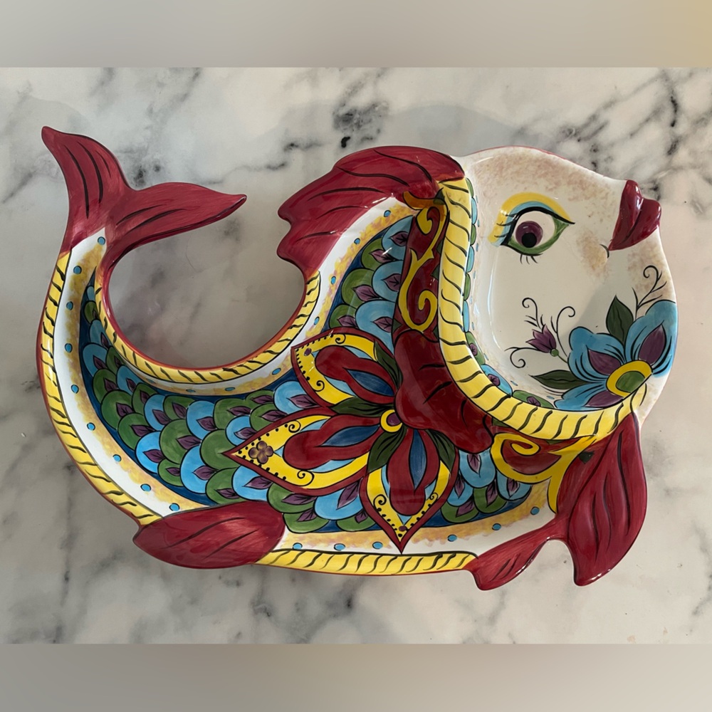 Vintage Tabletops Gallery Messino Fish Platter Chip and Dip HAND PAINTED 15”x10” - Picture 1 of 8